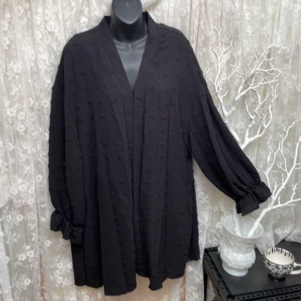 Deep Black Sheer Swiss Dot Kimono Cardigan Blouse - Picture 9 of 9
